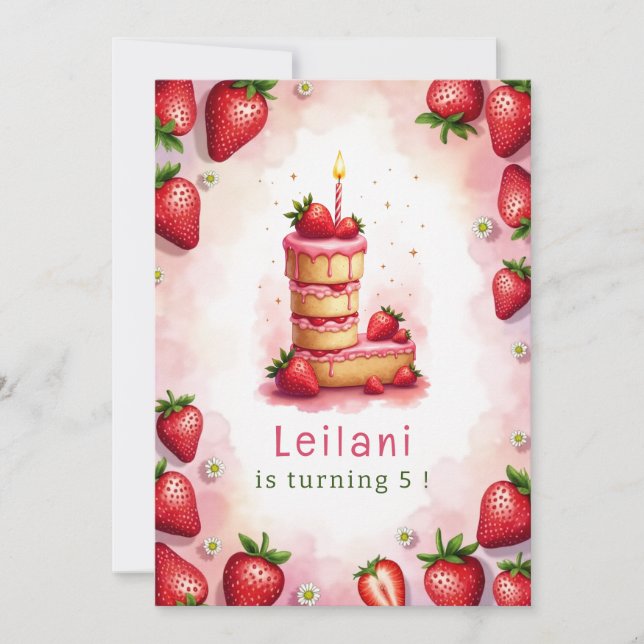 Strawberry Birthday Invitation Letter L Cake Theme (Front)