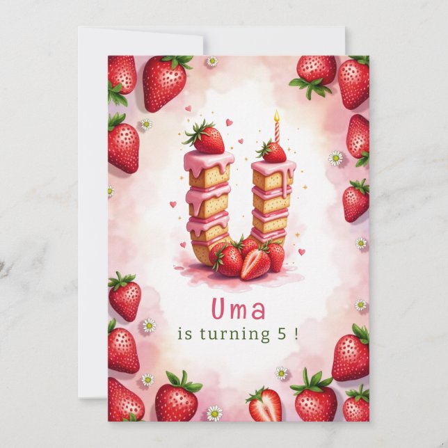 Strawberry Birthday Invitation Letter U Cake Theme (Front)