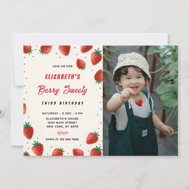 Strawberry Birthday Invitation Whit Photo (Front)