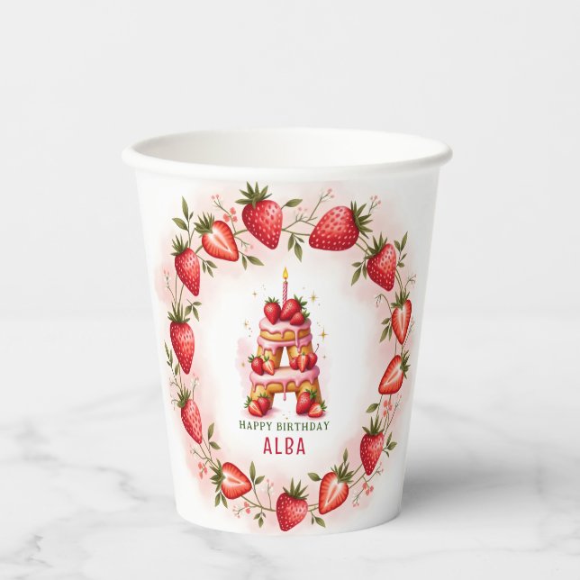 Strawberry Birthday Paper Cup Letter A Cake (Front)