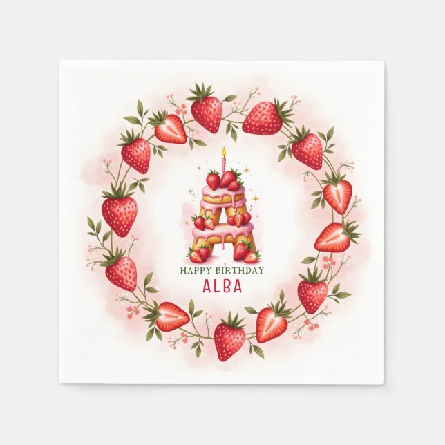 Strawberry Birthday Paper Napkin Letter A Cake (Front)