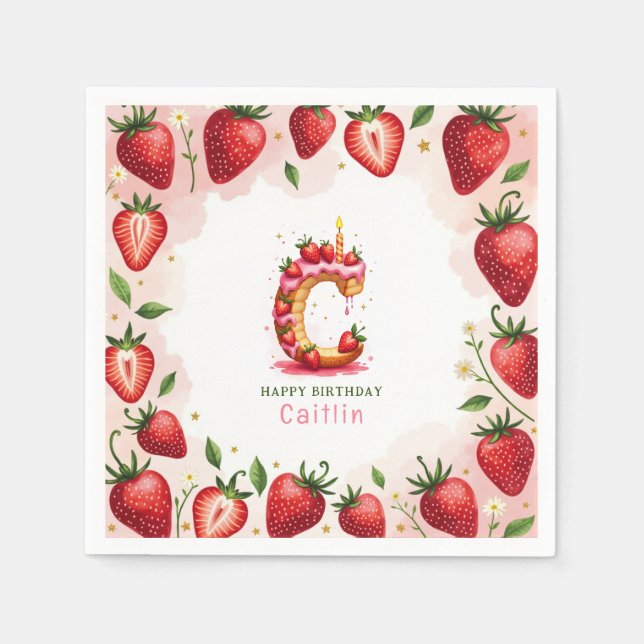Strawberry Birthday Paper Napkin Letter C Cake (Front)