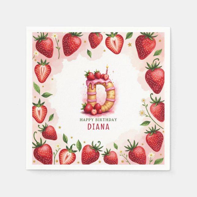 Strawberry Birthday Paper Napkin Letter D Cake (Front)