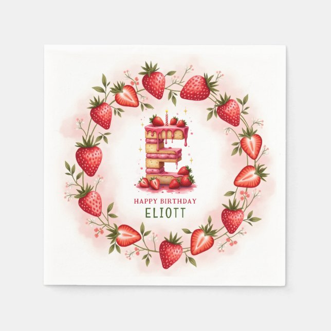 Strawberry Birthday Paper Napkin Letter E Cake (Front)