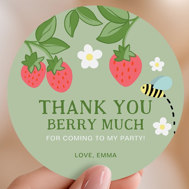 Strawberry Birthday Party Favour Thank you Classic Round Sticker (Creator Uploaded)