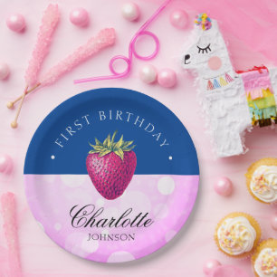 Strawberry Birthday Party Girl Pink and Dark Blue Paper Plate
