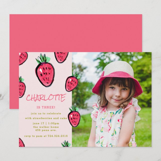 Strawberry Birthday Party Invitation Berry Sweet (Front/Back)