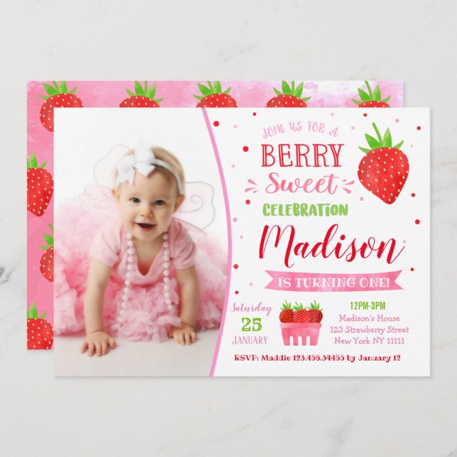 Strawberry Birthday Party Invitations with Photo (Front/Back)