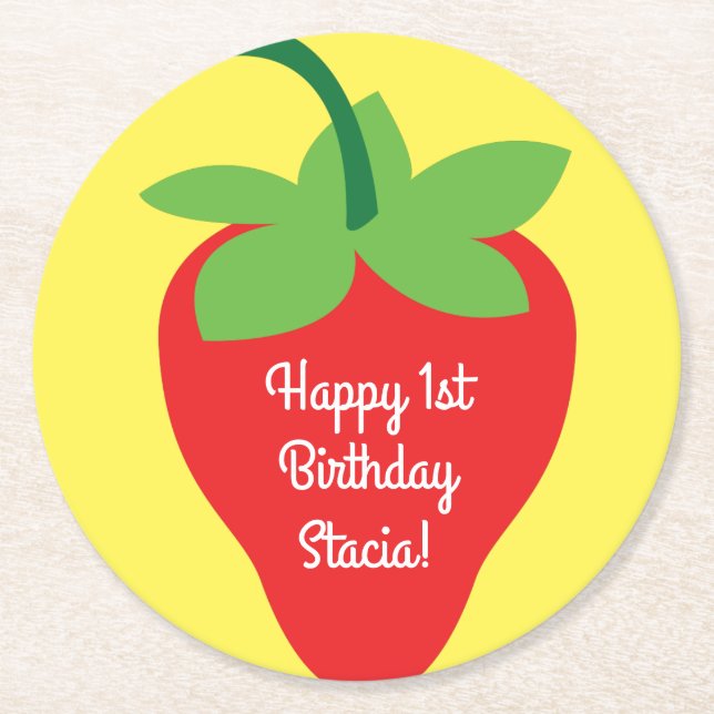 Strawberry Birthday Party Round Paper Coaster (Front)