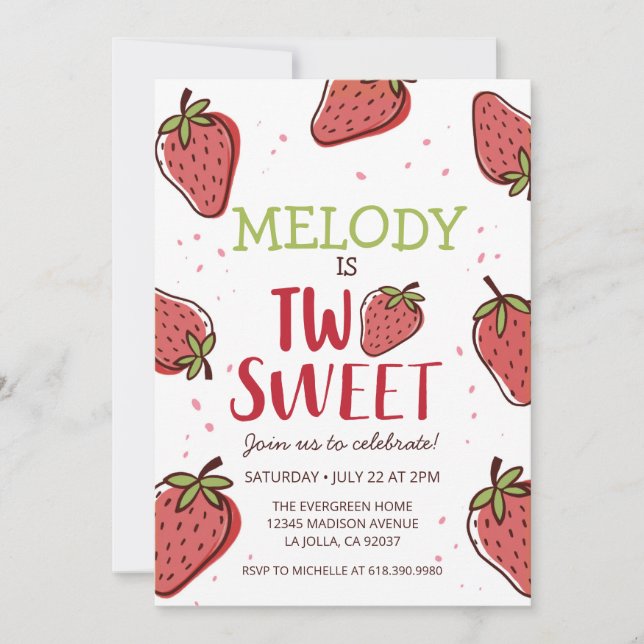 Strawberry Birthday Party •  Two Sweet Invitation (Front)