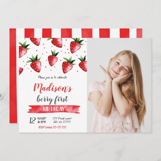 Strawberry Birthday Photo Invitation (Front/Back)
