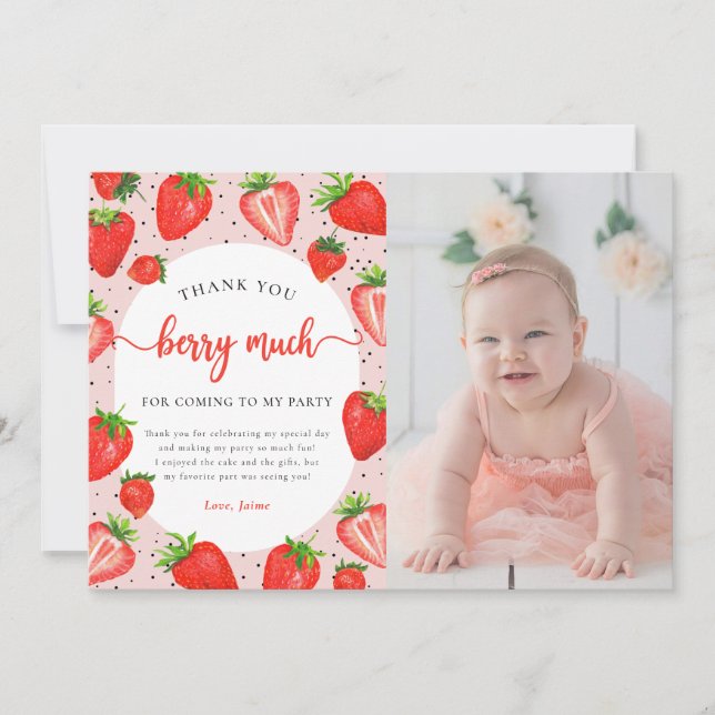 Strawberry Birthday Photo Thank You Berry Much Card (Front)