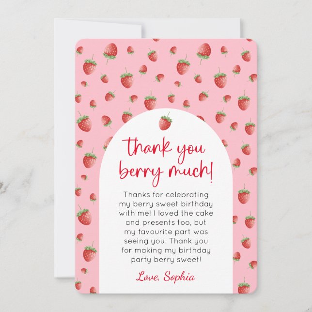 Strawberry Birthday Photo Thank You Card (Front)