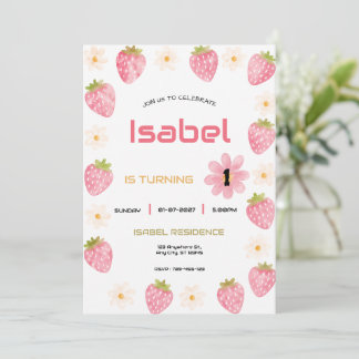 Strawberry Birthday Pink Floral Cute Party Invitation