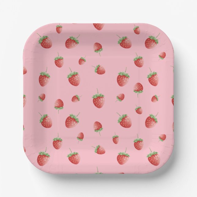 Strawberry Birthday Pink Paper Plate (Front)