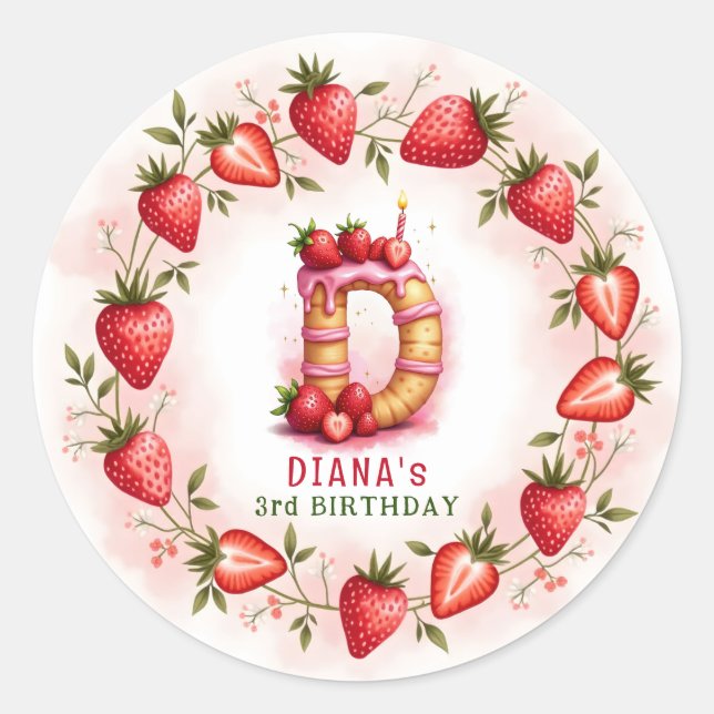 Strawberry Birthday Sticker Letter D Cake (Front)