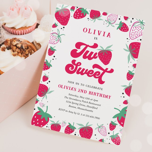 Strawberry Birthday Two Sweet Berry Birthday Party Invitation (Creator Uploaded)