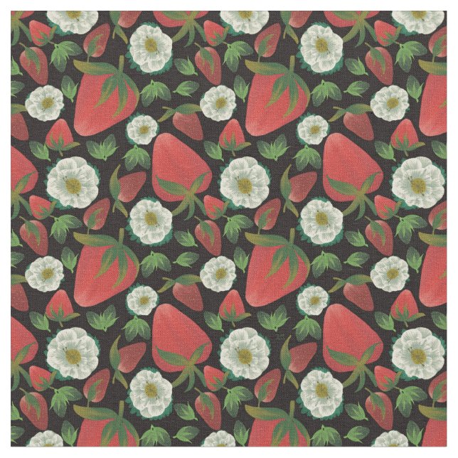 Strawberry Black Floral Pattern Fabric (Close Up)