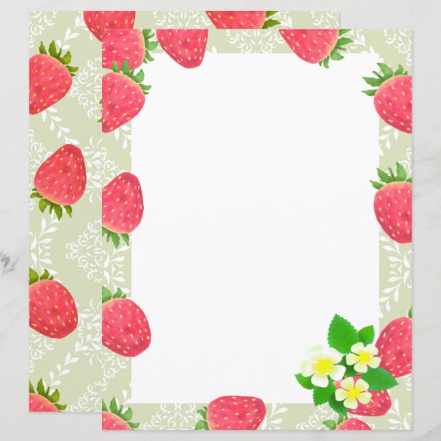 Strawberry Blank Green Stationery Paper (Front/Back)