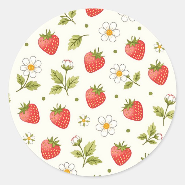 Strawberry Blossom Summer Pattern Classic Round Sticker (Front)