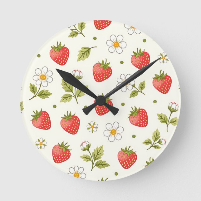 Strawberry Blossom Summer Pattern Round Clock (Front)