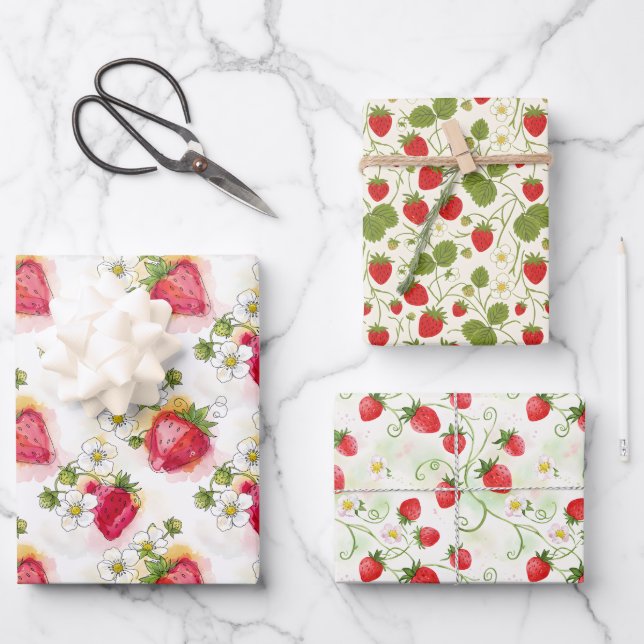 Strawberry Blossoms and Berries Three Patterns Wrapping Paper Sheet (Front)