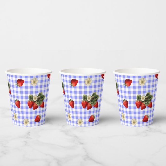 Strawberry blossoms blue gingham cute paper cups (Multi)