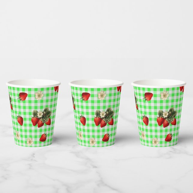 Strawberry blossoms green gingham cute paper cups (Multi)