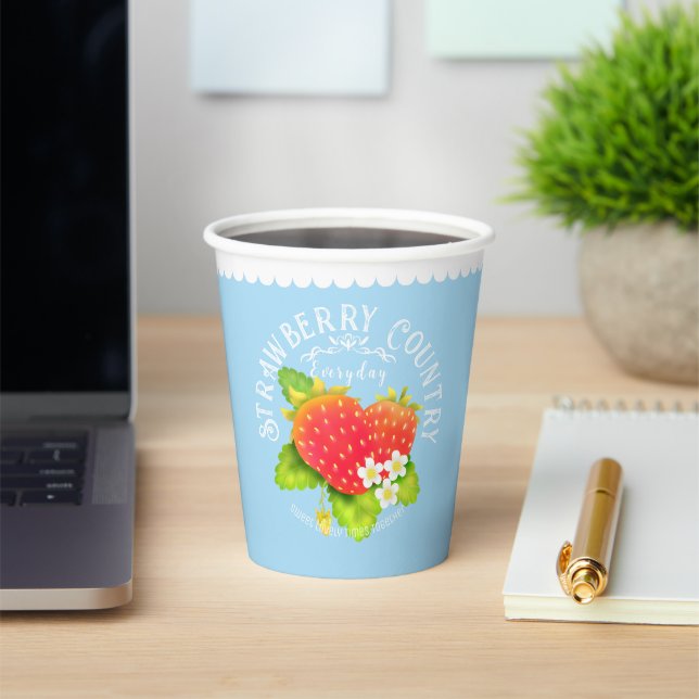 Strawberry Blue Design. Paper Cups (Insitu)