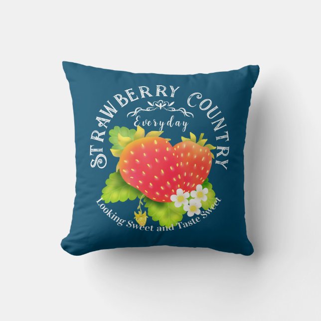 Strawberry Blue Throw Pillow (Front)