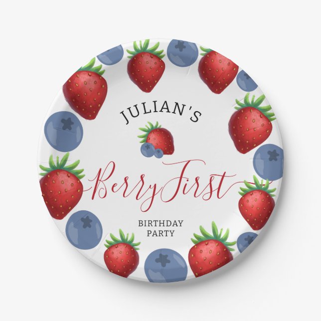 Strawberry Blueberry Berry First 1st Birthday  Paper Plate (Front)