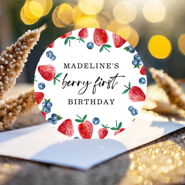 Strawberry Blueberry Berry First Girl 1st Birthday Classic Round Sticker (Creator Uploaded)