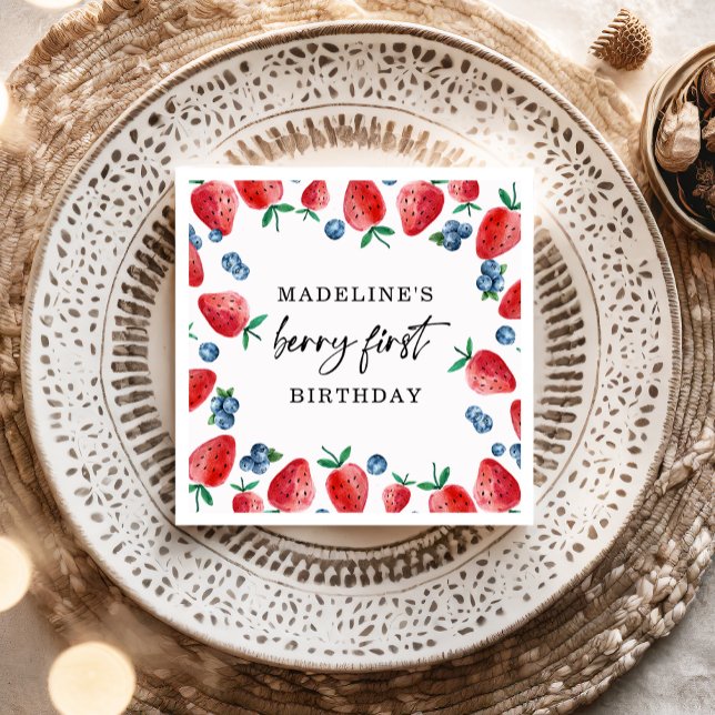 Strawberry Blueberry Berry First Girl 1st Birthday Napkin (Creator Uploaded)