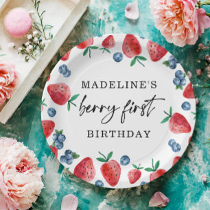 Strawberry Blueberry Berry First Girl 1st Birthday Paper Plate