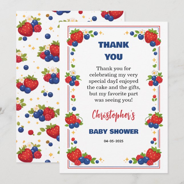 Strawberry Blueberry Berry Sweet Baby Shower Thank You Card (Front/Back)