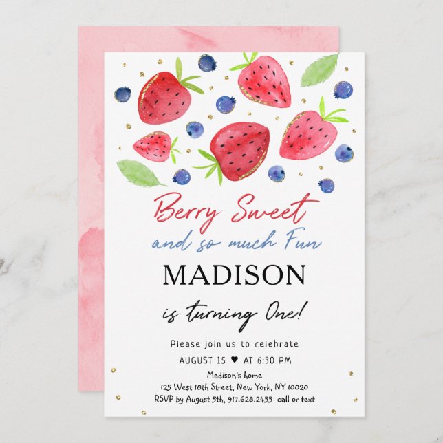 Strawberry Blueberry Berry Sweet First Birthday Invitation (Front/Back)