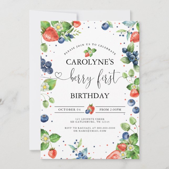 Strawberry Blueberry Sweet Berry First Birthday Invitation (Front)