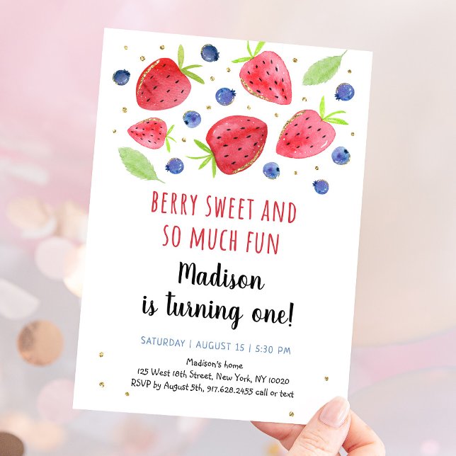 Strawberry Blueberry Watercolor 1st Birthday Invitation (Creator Uploaded)
