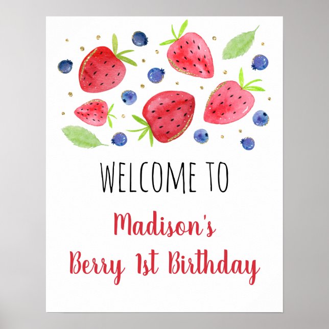 Strawberry Blueberry Watercolor Birthday Welcome Poster (Front)