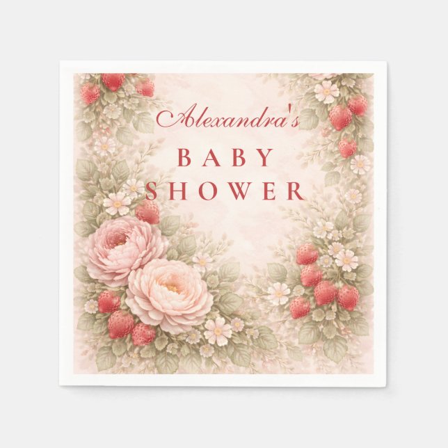 Strawberry Blush Floral Baby Shower Napkin (Front)