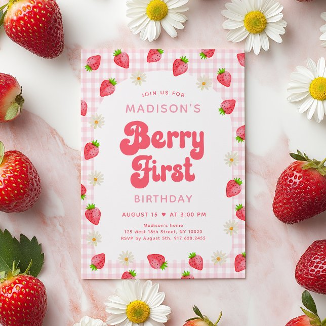 Strawberry Boho DaisyBerry First Birthday Invitation (Creator Uploaded)