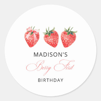 Strawberry Bow 1st Birthday  Classic Round Sticker