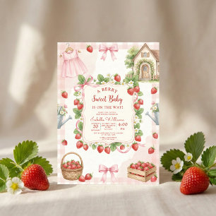 Strawberry bow baby shower First Berry Sweet Invitation