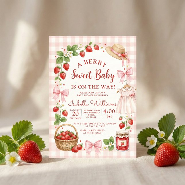 Strawberry bow baby shower First Berry Sweet Invitation (Creator Uploaded)