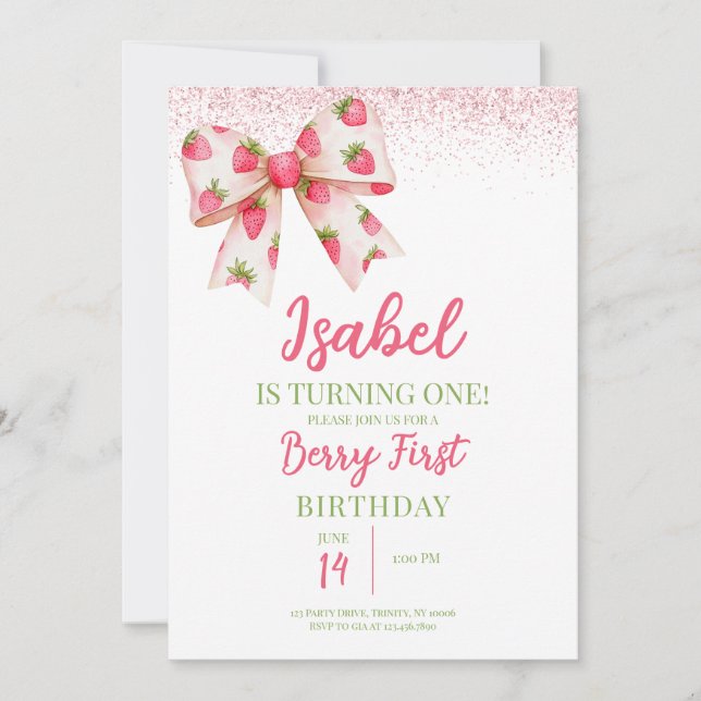 Strawberry Bow Birthday Invitation (Front)