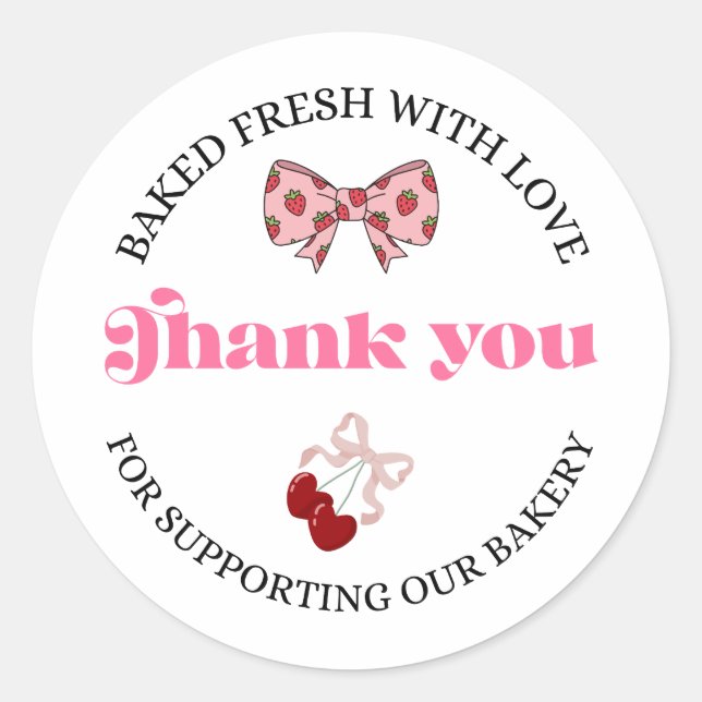 Strawberry Bow Cherry Thank You Bakery Sticker (Front)