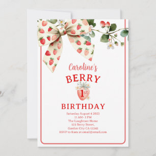 Strawberry Bow Girls First Birthday Invitation