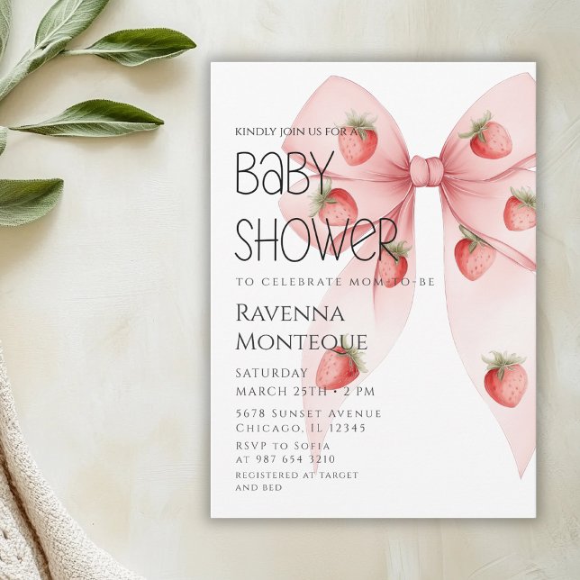 Strawberry Bow Luxury Personalised Baby Shower Invitation (Creator Uploaded)
