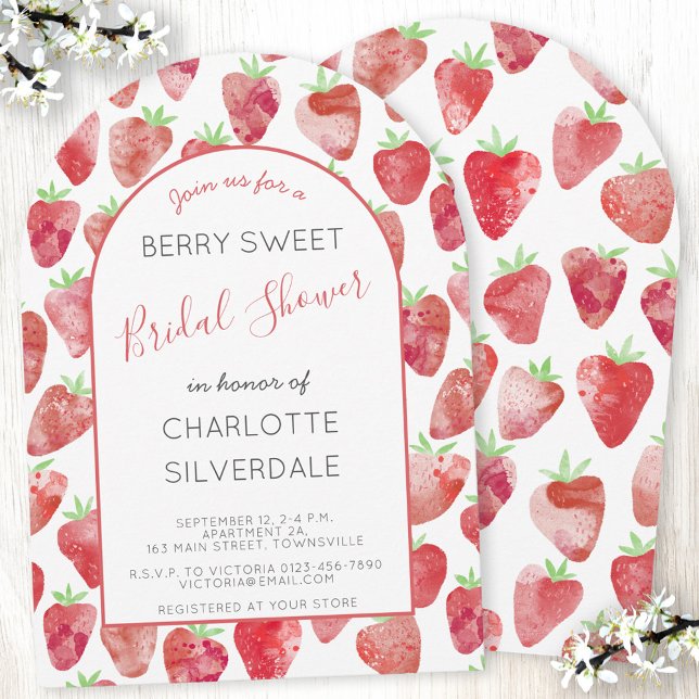 Strawberry Bridal Shower Invitation (Modern strawberry watercolor berry sweet arch shaped personalized bridal shower invitation)