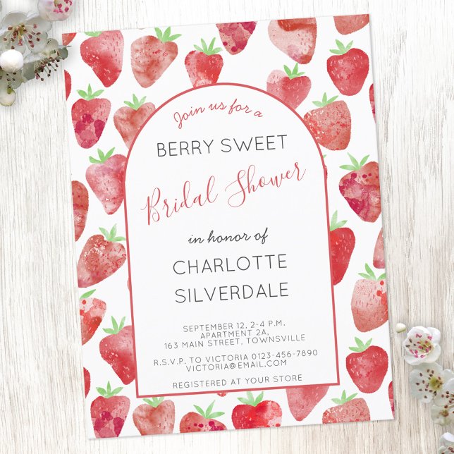 Strawberry Bridal Shower Invitation Postcard (Strawberry watercolor berry sweet bridal shower personalized invitation)